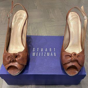 STUART WEITZMAN Walnut Leather Friller Peep Toe Slingback Heels